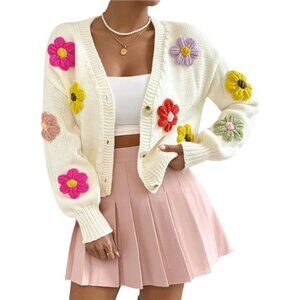 Women’s Daisies Button Down Flower Knit Crop Cardigan V-Neck Open Front White